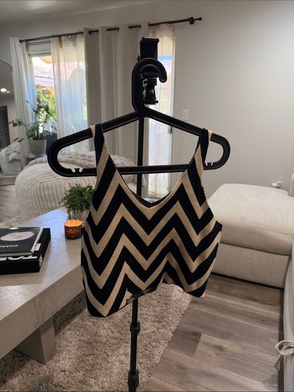 Chevron Knit Crop Tank Top - Black & Cream